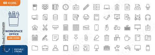 Office and Workspace Icons set. stationary, office tools, working, meeting, workspace, and more. Editable stroke. Vector illustration