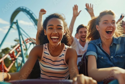 Excited, happy young people group of friends riding a roller coaster at amusement park