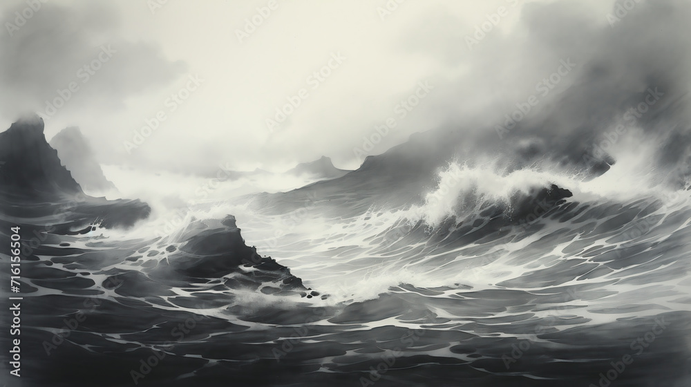 storm over the sea, Ink landscape painting - obrazy, fototapety, plakaty 
