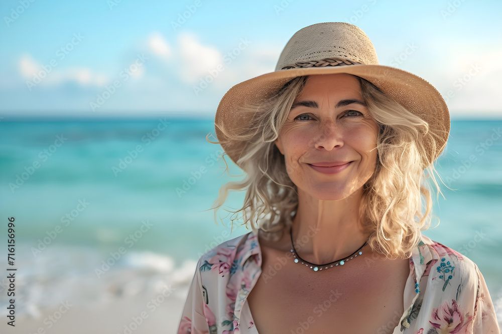 Portrait of smiling mature woman standing on beach at the daytime.