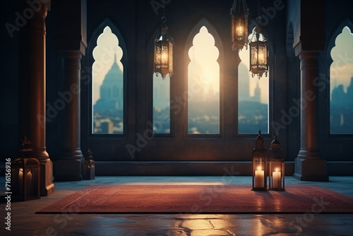 Arabic lantern on a wooden table. Ramadan Kareem concept.