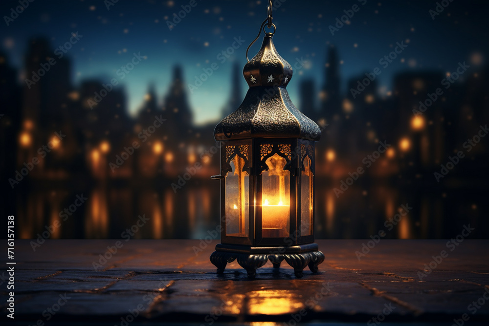 Arabic lantern on a wooden table. Ramadan Kareem concept. Arabic lantern on a wooden table. Ramadan Kareem concept.