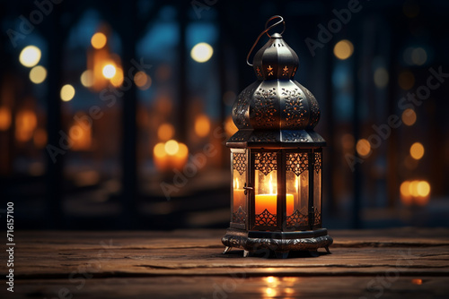 Arabic lantern on a wooden table. Ramadan Kareem concept.