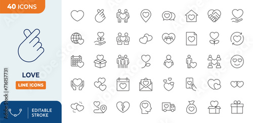 Love Editable Icons Set. Vector illustration in thin line style of romantic icons: Heart, couple, romantic and more. Editable stroke. Vector illustration