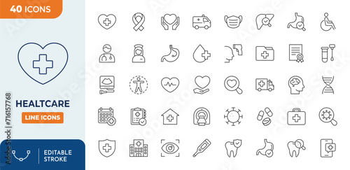 Healthcare Line Editable Icons set. Vector illustration in modern thin line style of medical icons: health, research, organs, etc. Editable stroke. Vector illustration
