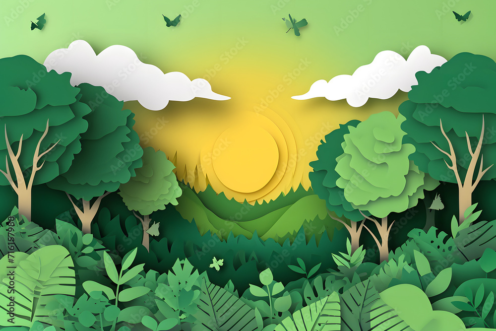 Green forest nature landscape in paper cut style background.