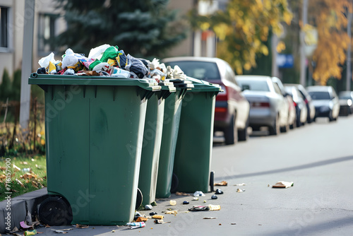 Garbage containers full of trash. Plastic rubbish bin.