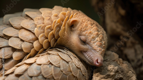 Closeup of a pangolins closed eyes and relaxed face while rolled up indicating a sense of safety and security in its defensive stance