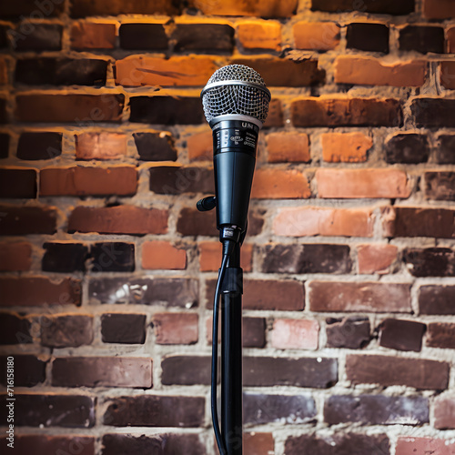 A microphone in front of a brick wall. Represents a standup comedian show or microphone performance. 