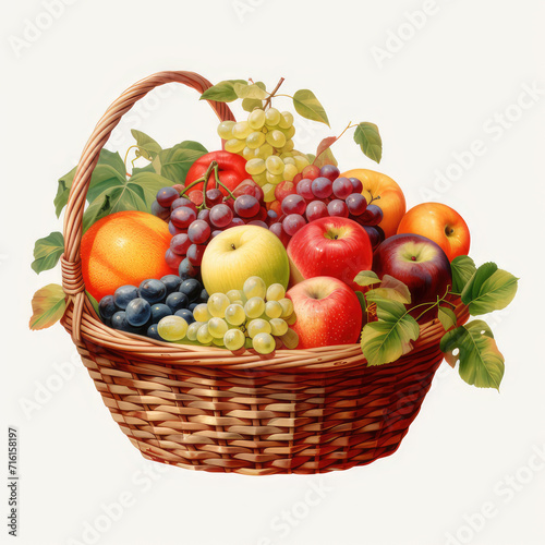 artistic illustration of a wicker basket brimming with colorful fresh fruits, isolated white background. suitable for cookbook imagery and nutritional education