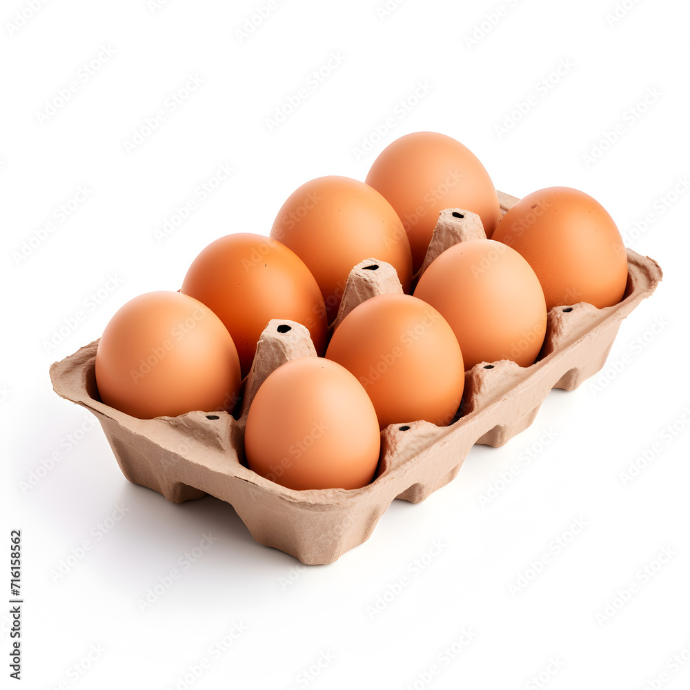 Carton of brown eggs on a white background 