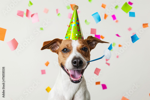 Joyful Dog with Birthday Hat and Colorful Confetti Celebration
