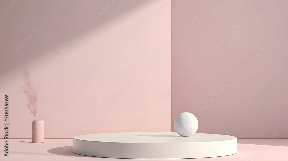 Pink Room With Round Object on Floor. Podium background for product mockup