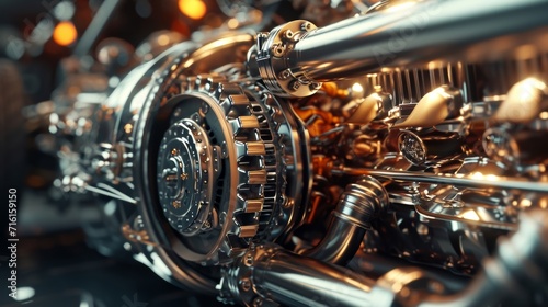 The intricate details of a wellmaintained engine with its exposed gears and pipes as it hums and roars in preparation for the start of the race © Justlight
