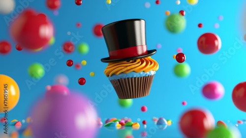 A fancy jellybean confidently juggling with a top hat on their head but as they toss a cupcake into the air it lands on their hat and covers their eyes causing them to stumbl photo
