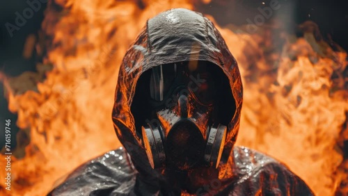 Silhouette of a man in a protective hazmat suit against a background of burning fire and billowing smoke, loop video photo