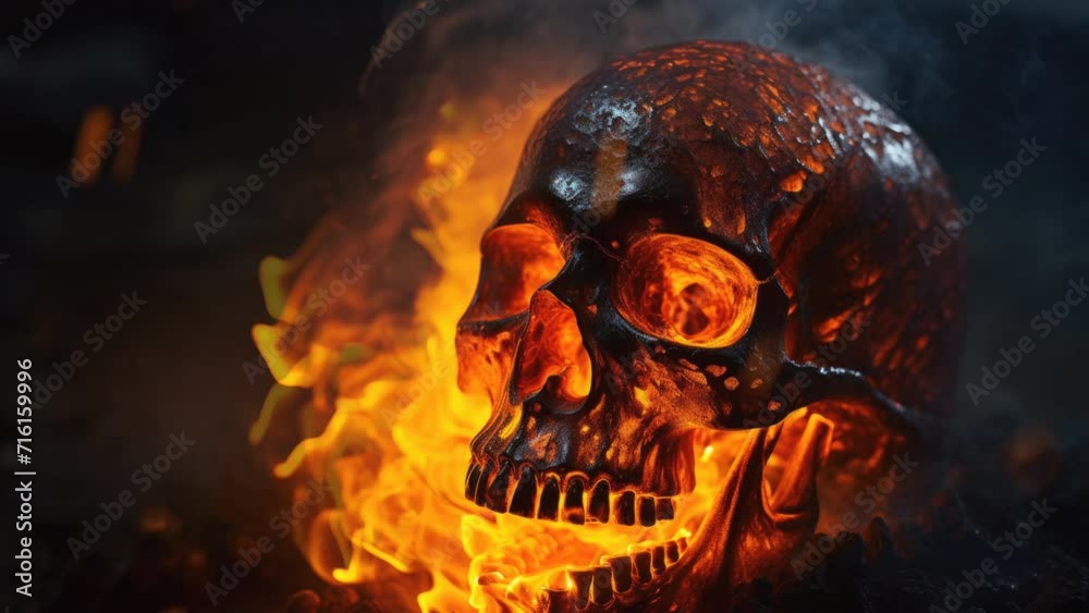 The skull burns in the fire and glows with billowing smoke, a seamless loop video background