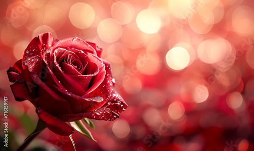 Dew-Kissed Red Roses on, Sparkling Bokeh Background,Close-up, of red roses with delicate dew drops,for a deeply romantic effect. © Yuparet