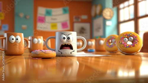 Cartoon scene of a group of coffee mugs sitting around a conference table one mug is using a donut as a podium while the others listen attentively