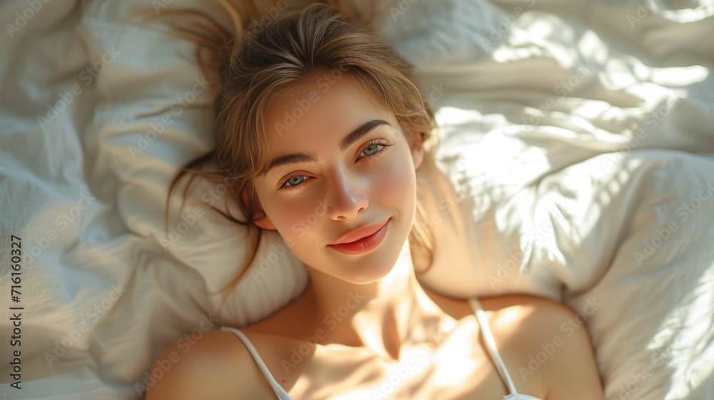 Top view of cheerful female lying under blanket in soft bed and enjoying morning while looking at camera
