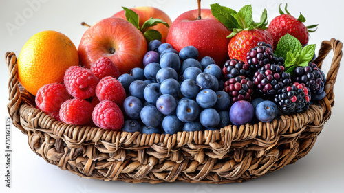 vibrant watercolor fruit basket full of fresh apples, berries, and grapes, isolated white background. perfect for healthy lifestyle and nutrition themes © StraSyP BG