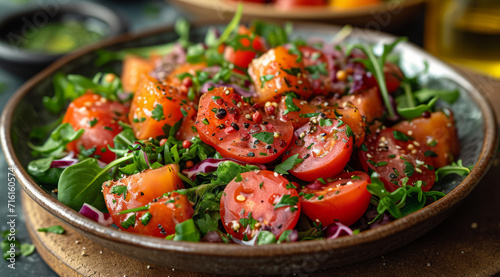 Vibrant heirloom Mediterranean tomato salad with arugula  red onion and a drizzle of balsamic glaze  AI generated.