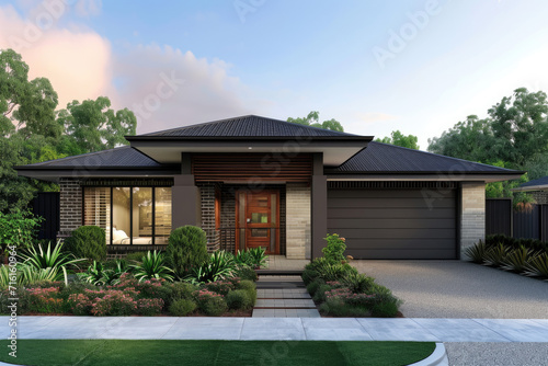 modern house front garden with grass and trees