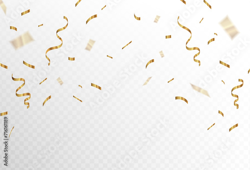 Gold confetti and ribbon streamers falling on a transparent background.Details. blur. Vector