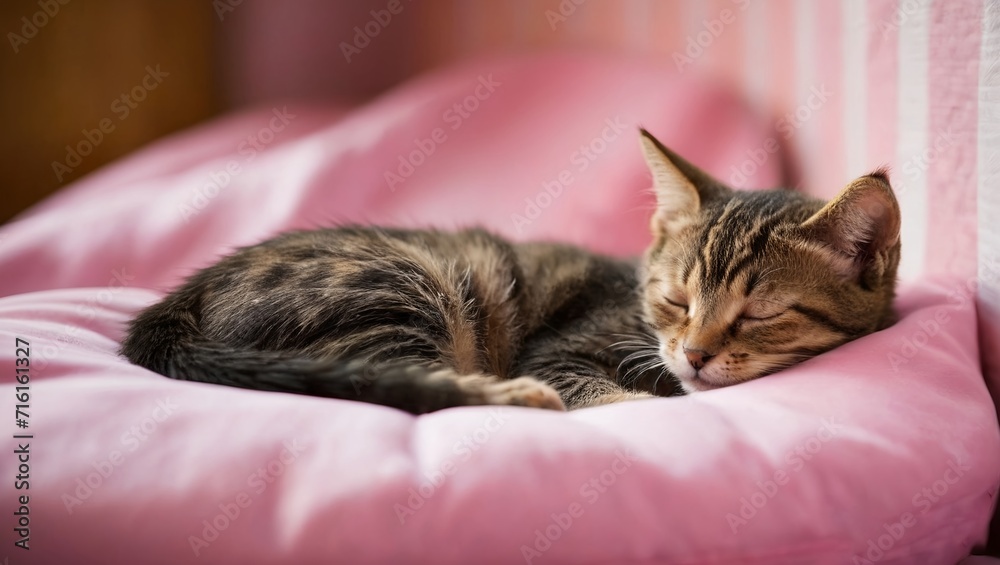 cat sleeping on the pink bed