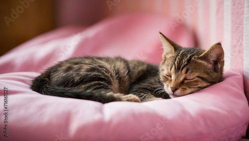 cat sleeping on the pink bed