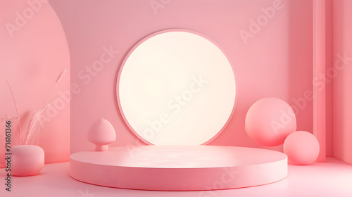 Pink Room With Round Mirror on Wall. Podium background for product mockup