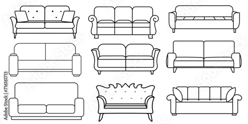 Sofa line Icons. Furniture design. Collection of sofa illustration. Modern furniture set isolated on white background.