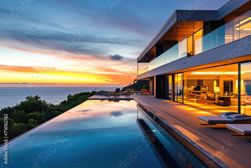 a modern villa overlooking the sunset in the morning