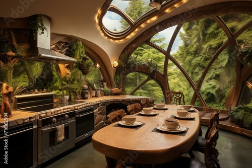 Magical home, delicious spread on kitchen table in unique hobbit residence. Generative AI
