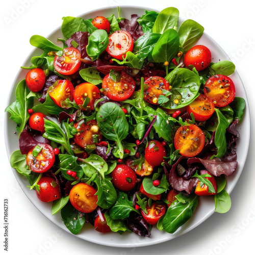 appetizing salad bowl topped with juicy tomatoes, and organic lettuce, isolated white background. premium food photography for adobe stock culinary collections