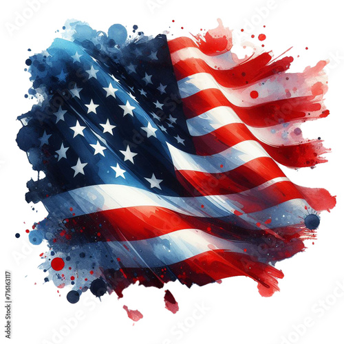 USA flag wavy watercolor clip art for 4th of July holiday independence day holiday in USA.  hand drawn of National flag of United States on png transparency