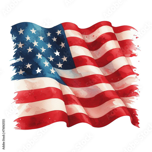 USA flag wavy watercolor clip art for 4th of July holiday independence day holiday in USA.  hand drawn of National flag of United States on png transparency photo