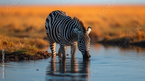 Zebra drinking water in the small lake