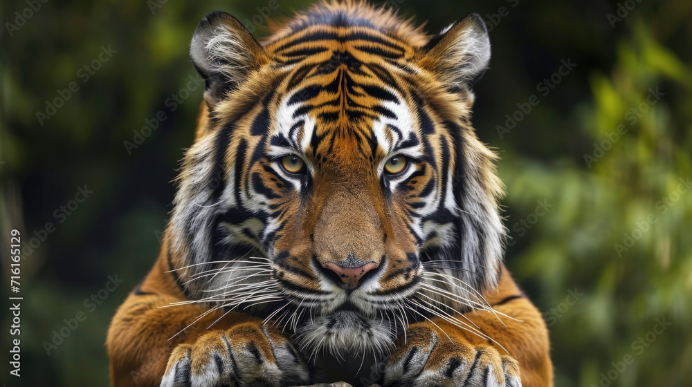 Closeup of a tigers powerful muscles tensed and ready for the perfect moment to strike its unsuspecting prey Closeup of a tigers powerful muscles tensed and ready for the perfect moment to strike its unsuspecting prey