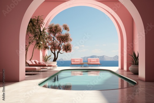 Elegant Rooftop Pool  on an isolated Coral Pink background  Generative AI