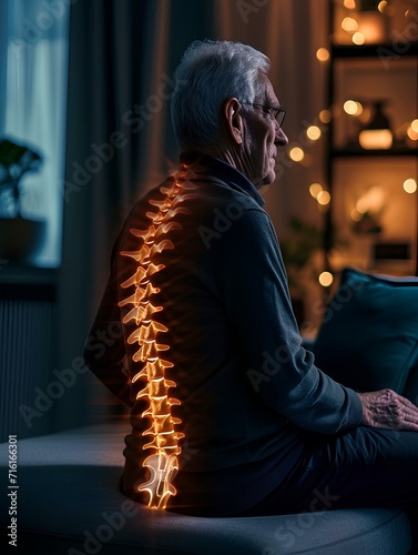 Digital composite of highlighted spine of senior man with back pain at home. generative AI