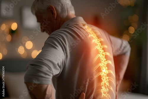 Digital composite of highlighted spine of senior man with back pain at home. generative AI photo