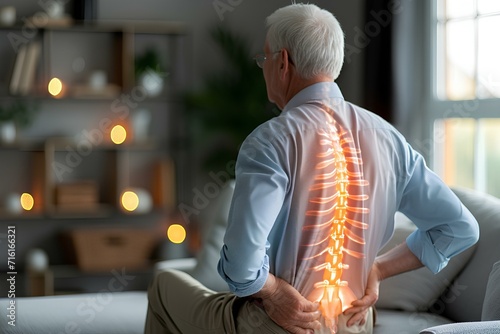 Digital composite of highlighted spine of senior man with back pain at home. generative AI photo