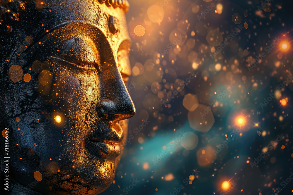 glowing golden buddha with abstract universe background - obrazy, fototapety, plakaty 
