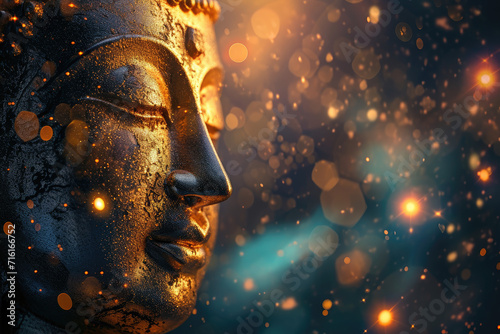 glowing golden buddha with abstract universe background photo