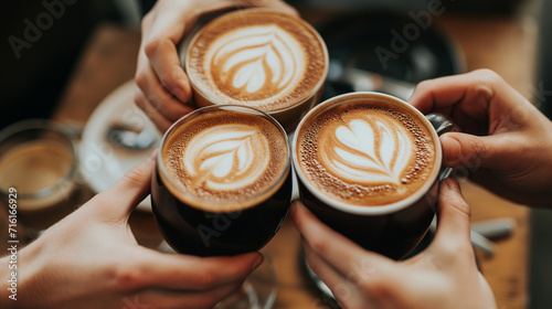 Friends having coffee together. A group of friends enjoying coffee together. Socialize Unity Together Concept. International coffee day concept. 