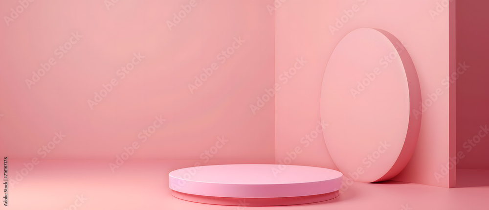 Pink Room With Round Object on Floor, Bright and Whimsical Interior Design. Podium background for product mockup Pink Room With Round Object on Floor, Bright and Whimsical Interior Design. Podium background for product mockup
