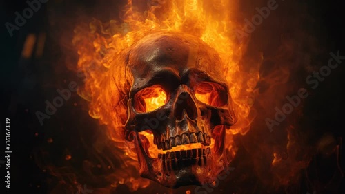 The skull burns in the fire and glows with billowing smoke, a seamless loop video background