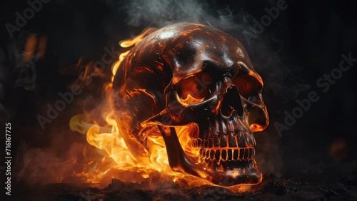 The skull burns in the fire and glows with billowing smoke, a seamless loop video background