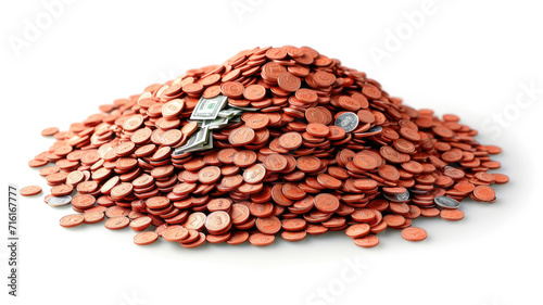 vast mound of copper pennies with occasional dollar bills, isolated white background. high-quality image representing savings, wealth accumulation, and financial concepts for adobe stock photo
